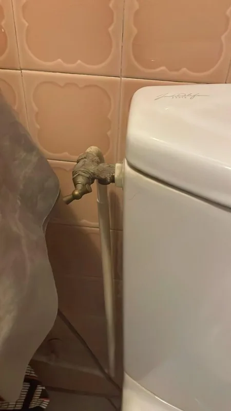 Ancien robinet d'arrêt entartré à côté du réservoir WC